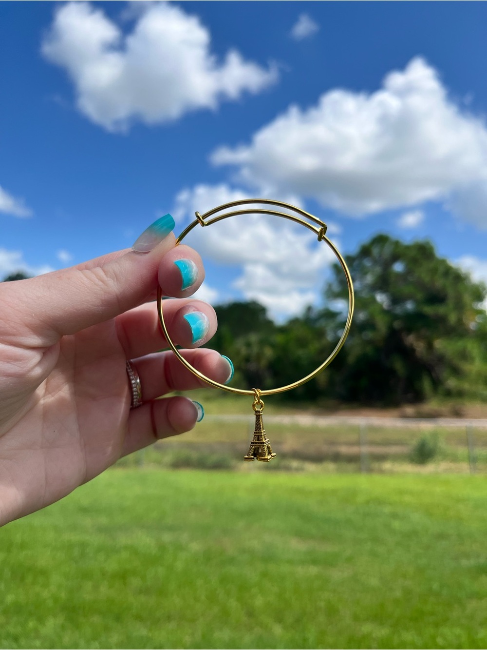 Handmade Gold Eiffel Tower Charm Bangle Bracelet